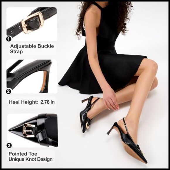 Slingback Kitten Heel Pumps Patent Leather Pointed Toe Elegant Evening Party - Picture 3 of 7